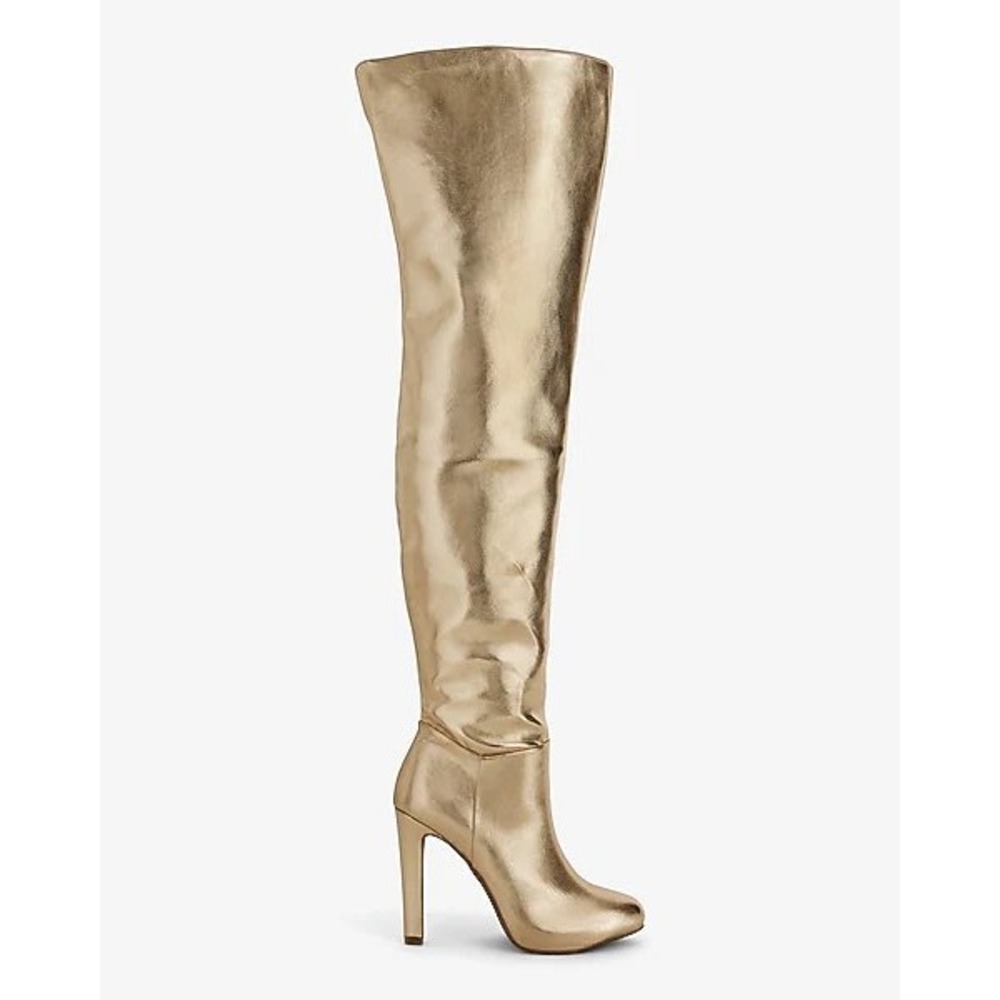 NEW Brian Atwood Express Express Over The Knee Boots‎ Gold Metallic Thigh High 6
